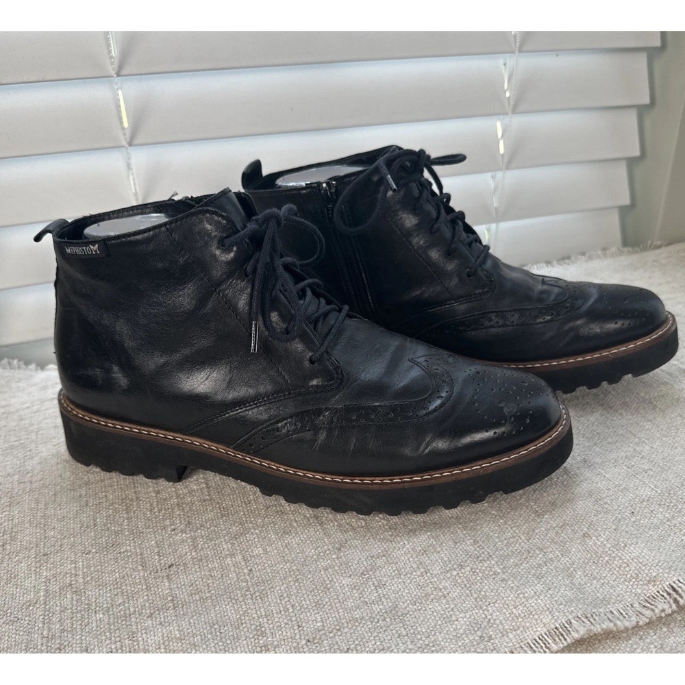 Mephisto Women 7 EU 37 Black Leather Wingtip Brogue Ankle Boots Lug Sole